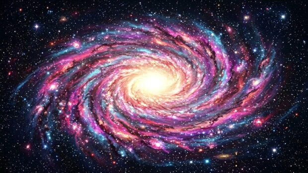 A bright spiral galaxy with colorful edges in a starfield nebula wallpaper