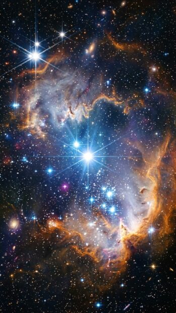 A bright star shines in the center of a colorful nebula, with cosmic dust