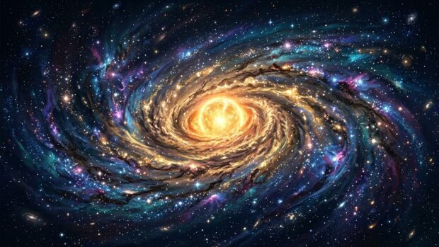 A golden spiral galaxy with a bright center in a starfield nebula wallpaper