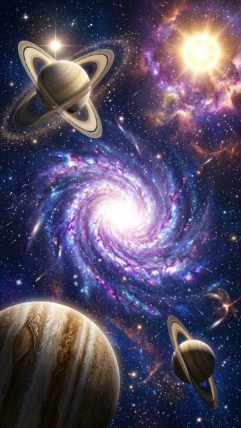 A galaxy with planets and a central spiral nebula in a starfield