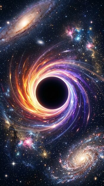 A swirling black hole surrounded by vibrant nebula colors in a starfield nebula wallpaper