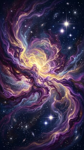 A nebula with a bright yellow core surrounded by purple and blue hues