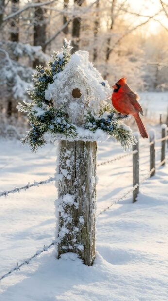 A vibrant red cardinal sits on a snow-covered birdhouse adorned with winter berries, embodying a peaceful country Christmas scene