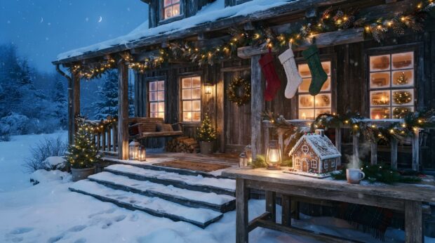 A cozy country Christmas wallpaper shows a snow-covered wooden cabin adorned with festive lights and stockings