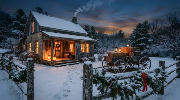 A cozy snow-covered cabin glows with warm lights, featuring a festive wagon and decorated fence