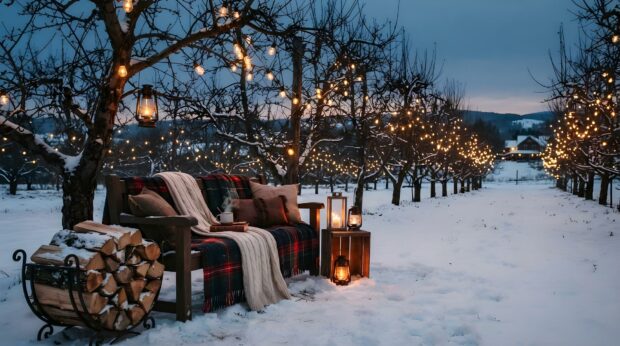 This country Christmas wallpaper shows a cozy bench with blankets in a snowy orchard decorated with lights