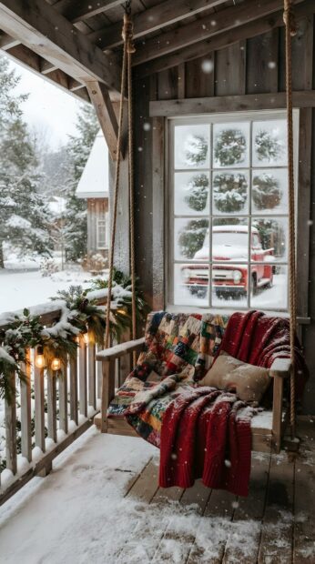 A cozy country Christmas wallpaper shows a snow-covered porch swing with warm blankets and lights