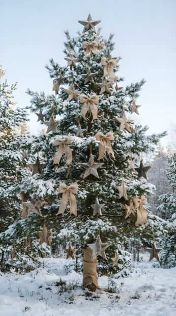 A country Christmas wallpaper featuring a snow-dusted pine tree adorned with burlap bows and wooden stars