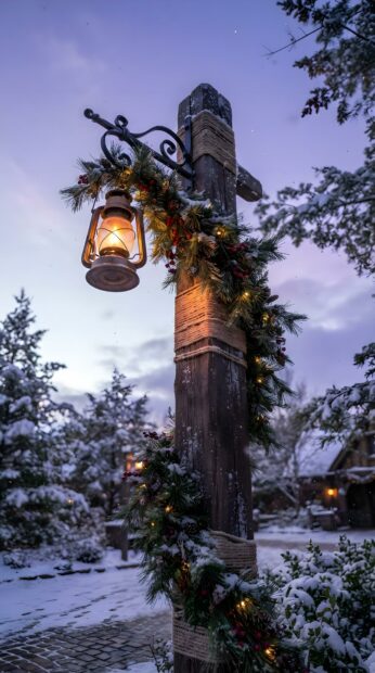 A rustic wooden post with a lit lantern and decorated with festive pine garland stands in a snowy scene
