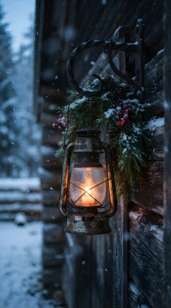An old lantern with a warm glow hangs on a wooden wall, decorated with a small snowy pine wreath