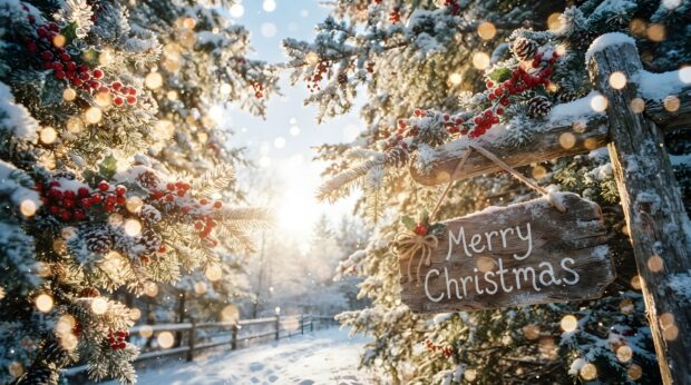 A rustic "Merry Christmas" sign hangs amidst snow-dusted pine branches with red berries, creating a beautiful country Christmas wallpaper