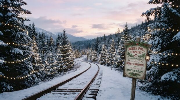 Snowy train tracks wind through a festive forest of pine trees adorned with Christmas lights