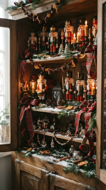 A wooden cabinet filled with various nutcracker figures and traditional Christmas decorations