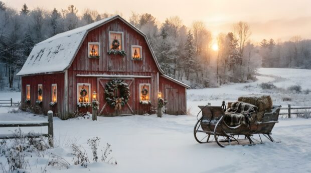 A festive red barn stands in a snowy field with a sleigh, illuminated by the sunset