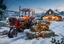 A festive red tractor decorated with lights in a snowy field beside a cozy, illuminated barn for a country Christmas