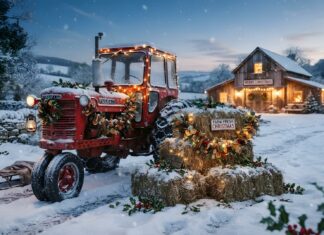A festive red tractor decorated with lights in a snowy field beside a cozy, illuminated barn for a country Christmas