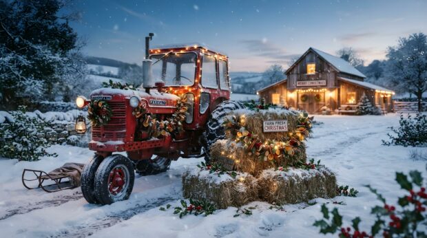 A festive red tractor decorated with lights in a snowy field beside a cozy, illuminated barn for a country Christmas