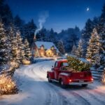 Red Truck Country Christmas Snow Road Wallpaper