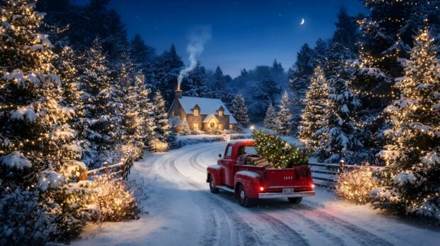 A picturesque country Christmas wallpaper features a red truck carrying a tree on a snowy road at night