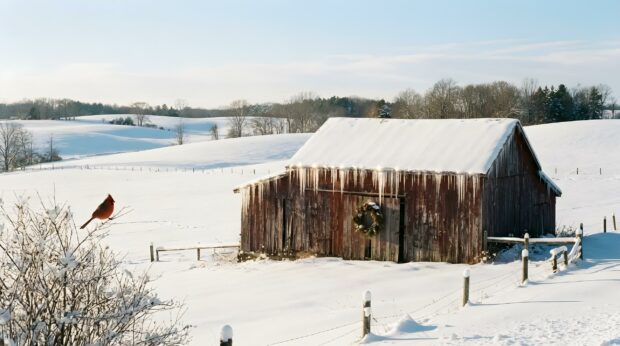 A rustic barn with icicles stands in a snowy field, while a vibrant red cardinal perches on a branch, perfect for a country Christmas wallpaper