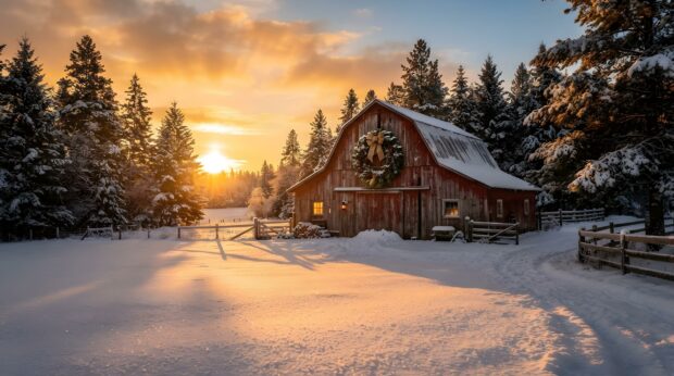 A rustic red barn adorned with a festive wreath is bathed in the golden light of a country Christmas sunset