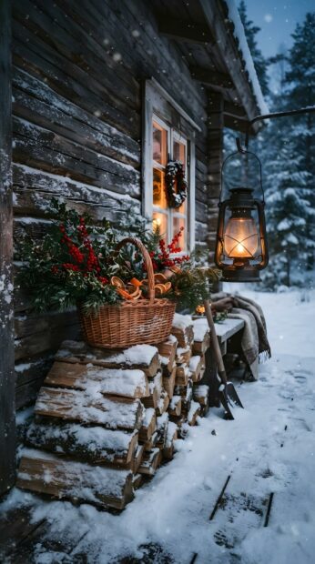 A charming rustic cabin exterior decorated with Christmas greens and a glowing lantern in a snowy country setting