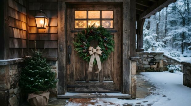 A rustic wooden door decorated with a large Christmas wreath and a lantern on a snowy porch