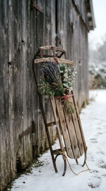 An old wooden sled decorated with winter greenery leans against a rustic barn wall in the snow