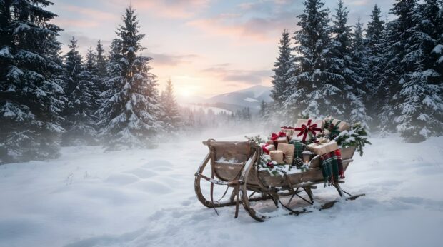 A country Christmas wallpaper shows a vintage sleigh filled with presents in a snowy forest