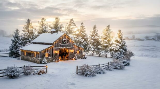 A stunning country Christmas scene with a snowy barn illuminated by warm lights at sunset