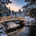 Snowy Bridge Lights Country Christmas Wallpaper