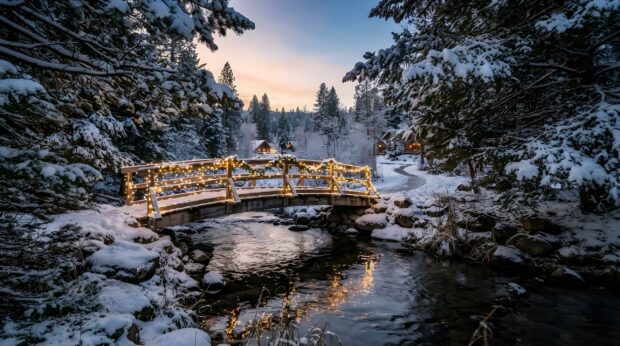 A beautiful country Christmas wallpaper depicting a snow-covered bridge with lights over a stream