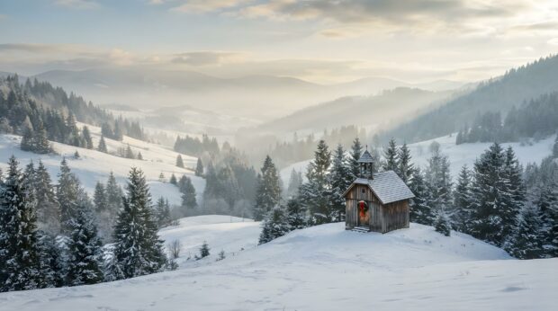A small wooden chapel with a red wreath stands amidst snow-covered pine trees in a beautiful country Christmas landscape