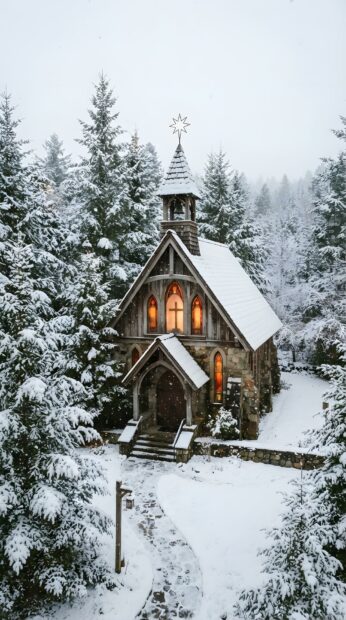 A serene country Christmas wallpaper featuring a stone church nestled among snow-covered pine trees