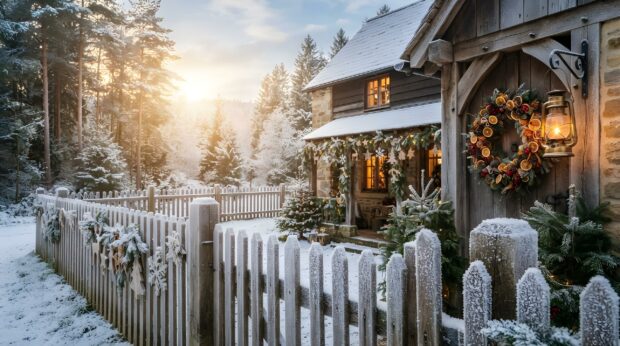 A beautiful country Christmas wallpaper features a snow-covered cottage with a decorated fence at sunset