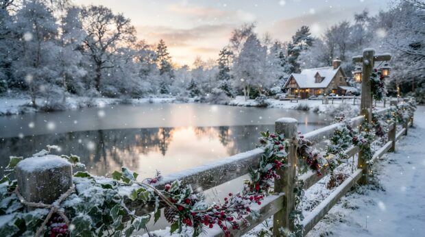 A country Christmas wallpaper features a snow-dusted fence with garlands beside a frozen lake and a distant cottage
