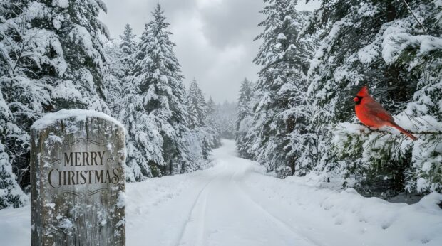 A peaceful snowy country road winds through a winter forest with a "Merry Christmas" sign and a bright red cardinal