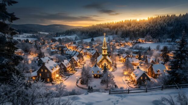 A beautiful country Christmas wallpaper showing a snowy village with a brightly lit church at sunset