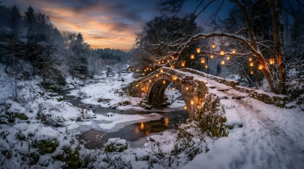 A beautiful country Christmas wallpaper showing a snowy stone bridge over a river with glowing lanterns at dusk
