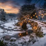 Country Christmas Wallpaper Stone Bridge Lanterns Snow