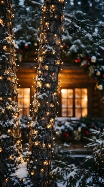 Snow-covered tree trunks wrapped with twinkling Christmas lights in front of a cozy log cabin