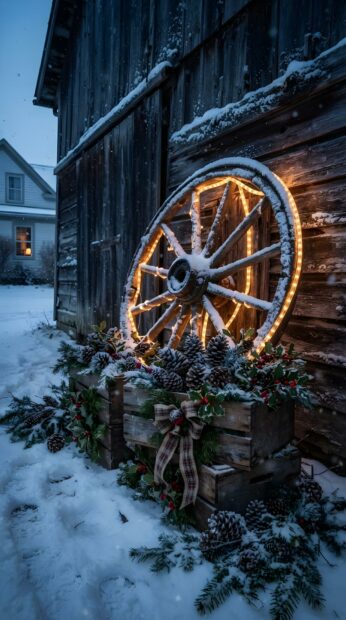 A rustic wagon wheel adorned with warm lights and pinecones creates a cozy country Christmas decoration against a barn