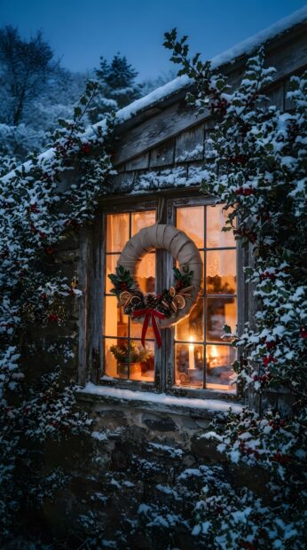 A rustic window adorned with a burlap Christmas wreath and holly berries covered in fresh snow