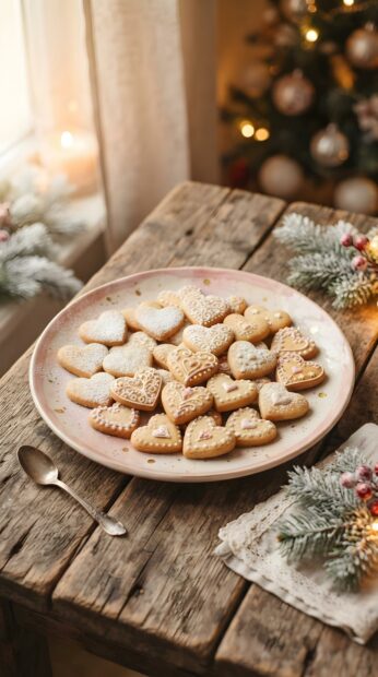 A plate of cute heart-shaped Christmas cookies with icing sits on a rustic wooden table, with a pink tone
