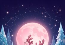 A cute pink Christmas reindeer with a striped scarf jumps in a snowy forest under a large pink moon and starry sky