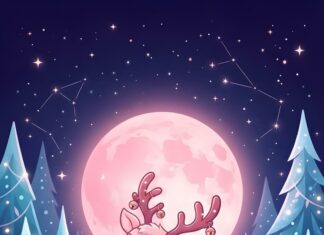 A cute pink Christmas reindeer with a striped scarf jumps in a snowy forest under a large pink moon and starry sky