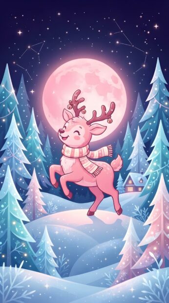 A cute pink Christmas reindeer with a striped scarf jumps in a snowy forest under a large pink moon and starry sky