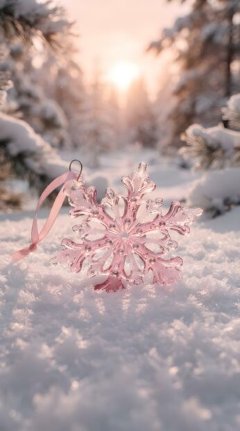A cute pink Christmas snowflake ornament rests on fresh snow, glowing softly in the winter sun