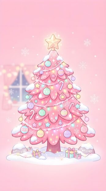 A cute pink Christmas tree cartoon decorated with colorful ornaments and a star on a pink background
