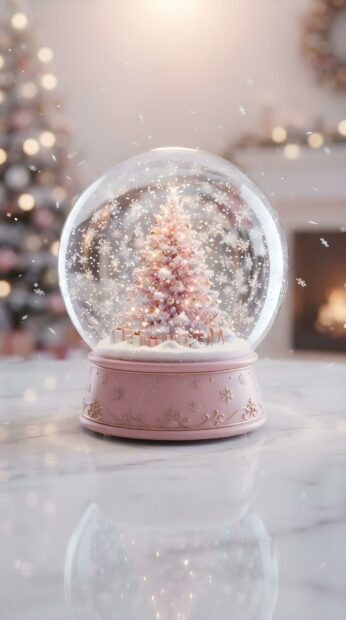 A cute pink Christmas tree stands inside a magical snow globe, surrounded by falling snowflakes and soft lights